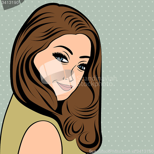 Image of cute retro woman with long  hair in comics style