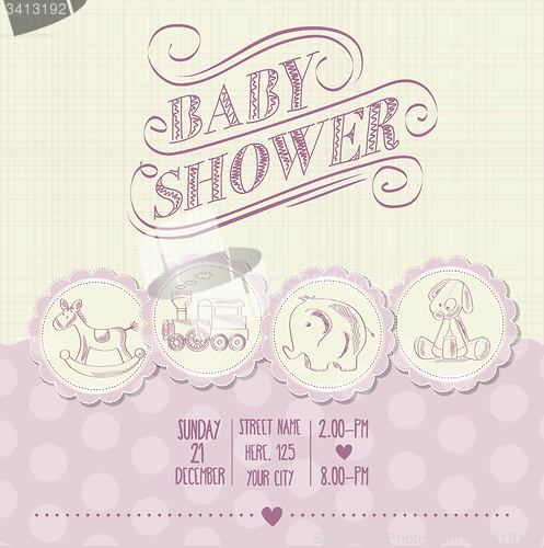 Image of baby girl shower card with retro toys