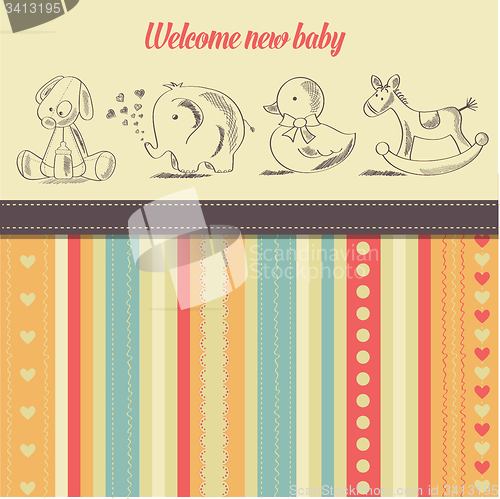Image of new baby  announcement card with retro toys