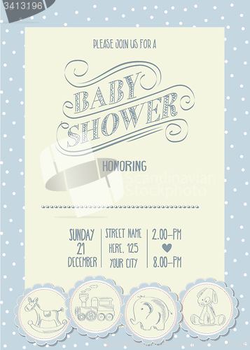 Image of baby boy shower card with retro toys