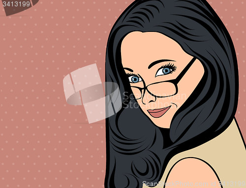 Image of cute retro woman with long  hair in comics style 