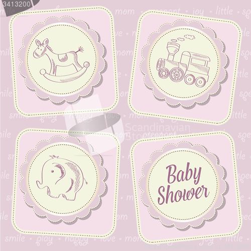 Image of baby girl shower card with retro toys