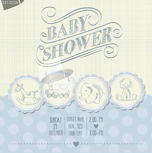 Image of baby boy shower card with retro toys