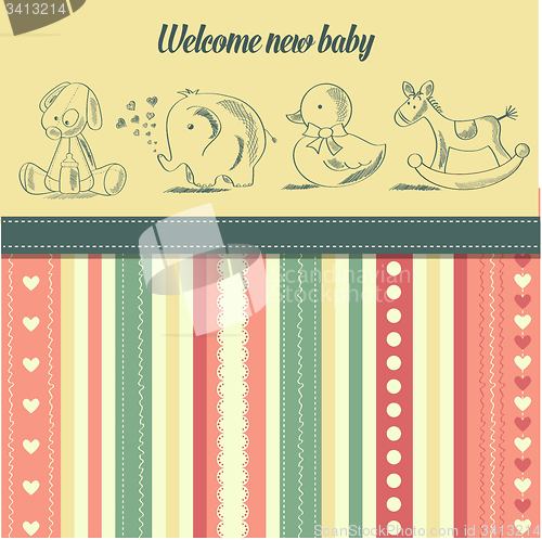 Image of new baby  announcement card with retro toys