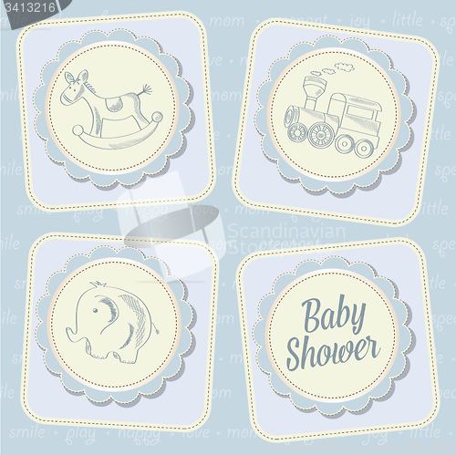 Image of baby boy shower card with retro toys