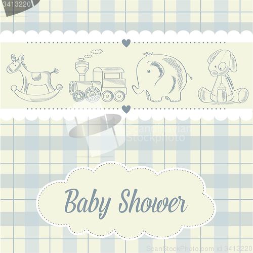 Image of baby boy shower card with retro toys