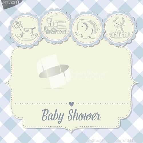 Image of baby boy shower card with retro toys