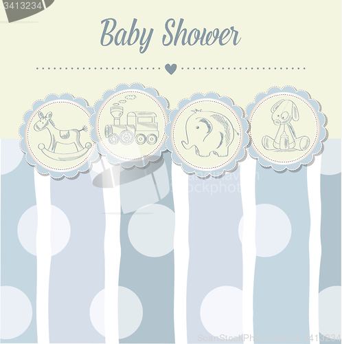 Image of baby boy shower card with retro toys