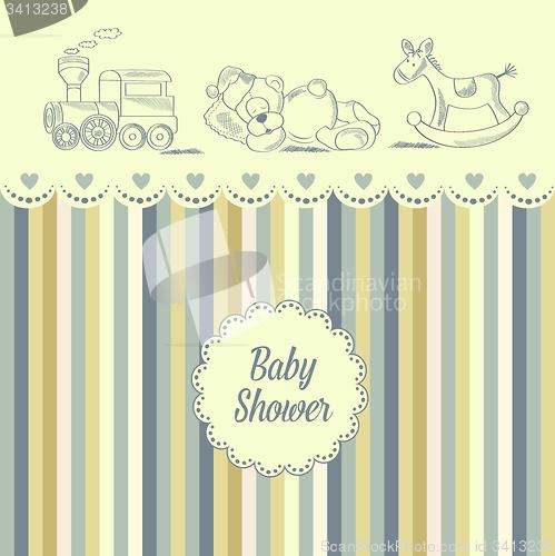 Image of baby shower card with retro toys