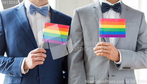 Image of close up of male gay couple holding rainbow flags