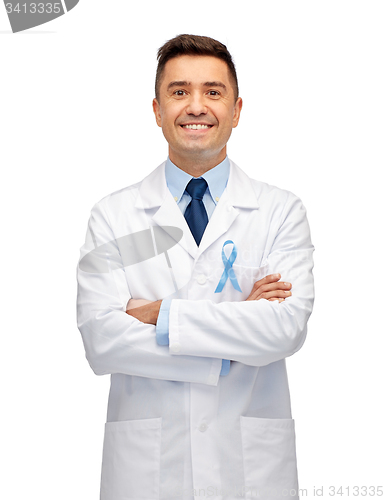 Image of happy doctor with prostate cancer awareness ribbon