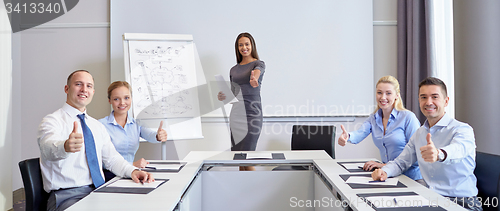 Image of group of smiling businesspeople showing thumbs up