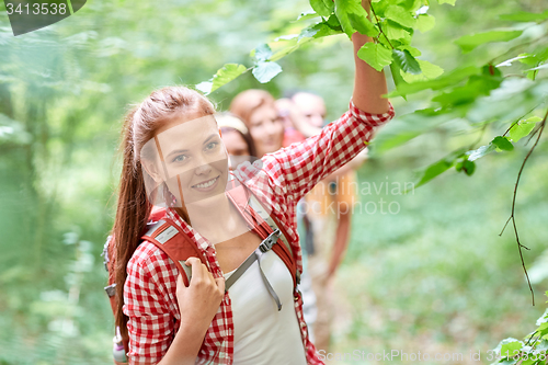 Image of group of smiling friends with backpacks hiking