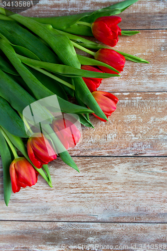 Image of close up of red tulips on wooden background