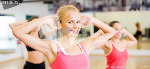 Image of group of smiling people exercising in the gym