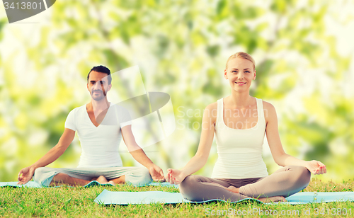 Image of smiling couple making yoga exercises outdoors