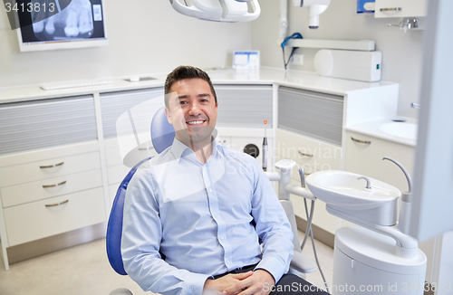 Image of happy male patient sitting on dental chair