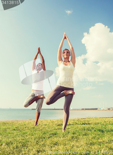 Image of smiling couple making yoga exercises outdoors