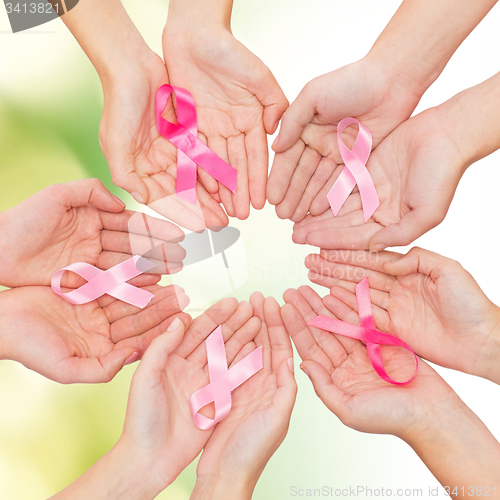 Image of close up of hands with cancer awareness symbol