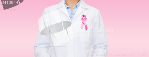 Image of close up of doctor with cancer awareness ribbon