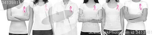 Image of smiling women with pink cancer awareness ribbons