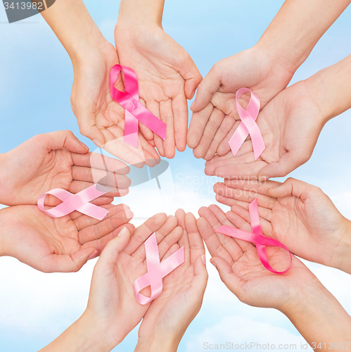 Image of close up of hands with cancer awareness symbol