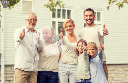 Image of happy family in front of house outdoors