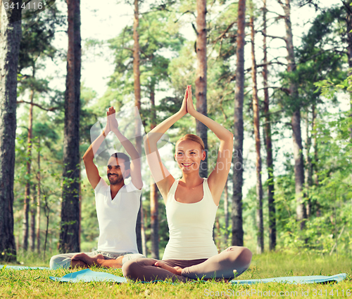 Image of smiling couple making yoga exercises outdoors