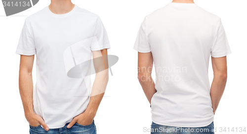 Image of close up of young man in blank white t-shirt