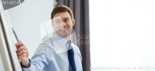 Image of smiling businessman on presentation in office