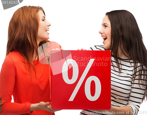 Image of two smiling teenage girl with percent sign on box