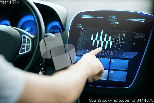 Image of male hand pointing to diagram on screen in car