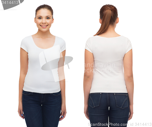 Image of smiling young woman in blank white t-shirt