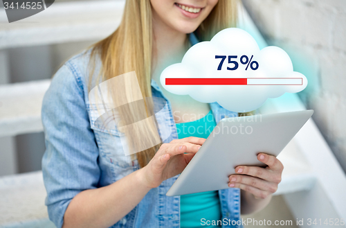 Image of close up of female hands with tablet pc on stairs