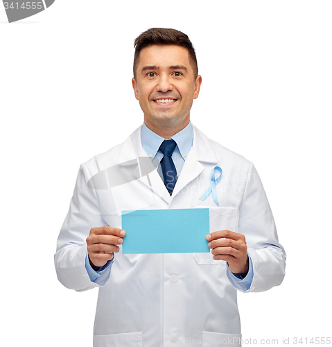 Image of happy doctor with prostate cancer awareness ribbon