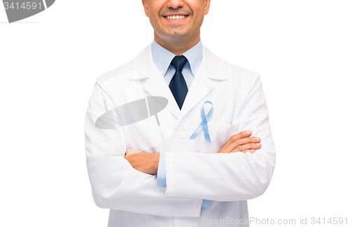 Image of happy doctor with prostate cancer awareness ribbon