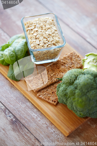 Image of close up of food rich in fiber on wooden table