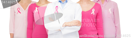 Image of close up of women with cancer awareness ribbons