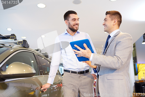 Image of happy man with car dealer in auto show or salon