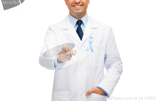 Image of happy doctor with prostate cancer awareness ribbon