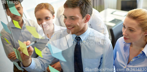 Image of smiling business people with marker and stickers