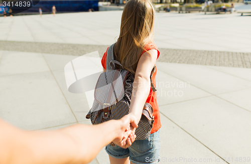 Image of close up of couple with backpacks in city