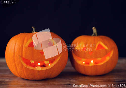 Image of close up of pumpkins on table
