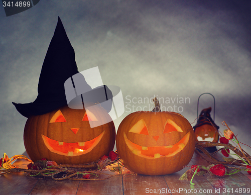 Image of close up of pumpkins on table