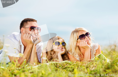 Image of happy family with blue sky and green grass