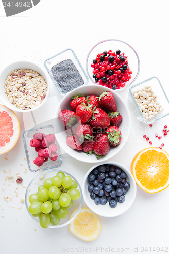 Image of close up of fruits and berries in bowl on table