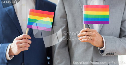 Image of close up of male gay couple holding rainbow flags