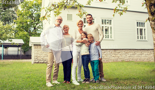 Image of happy family in front of house outdoors