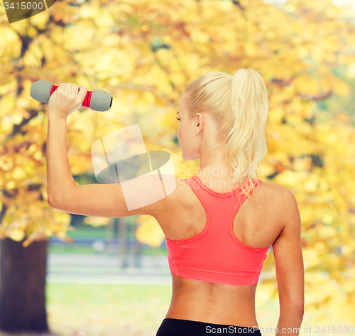 Image of young sporty woman with light dumbbell