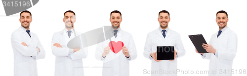 Image of doctors with red heart, tablet pc and clipboard